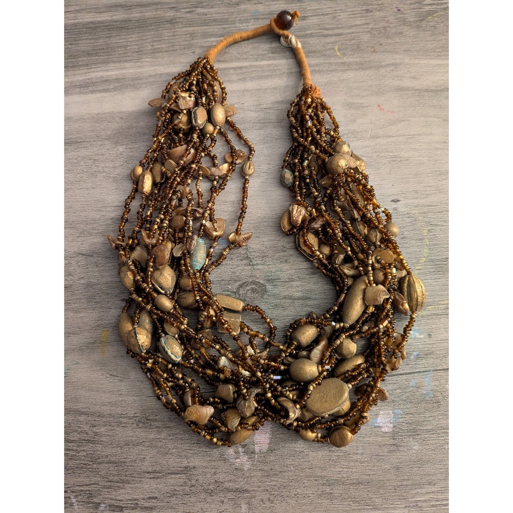 Boho Multi Strand Seed Bead Shell Statement Necklace‎ Brown Gold 18 Inch